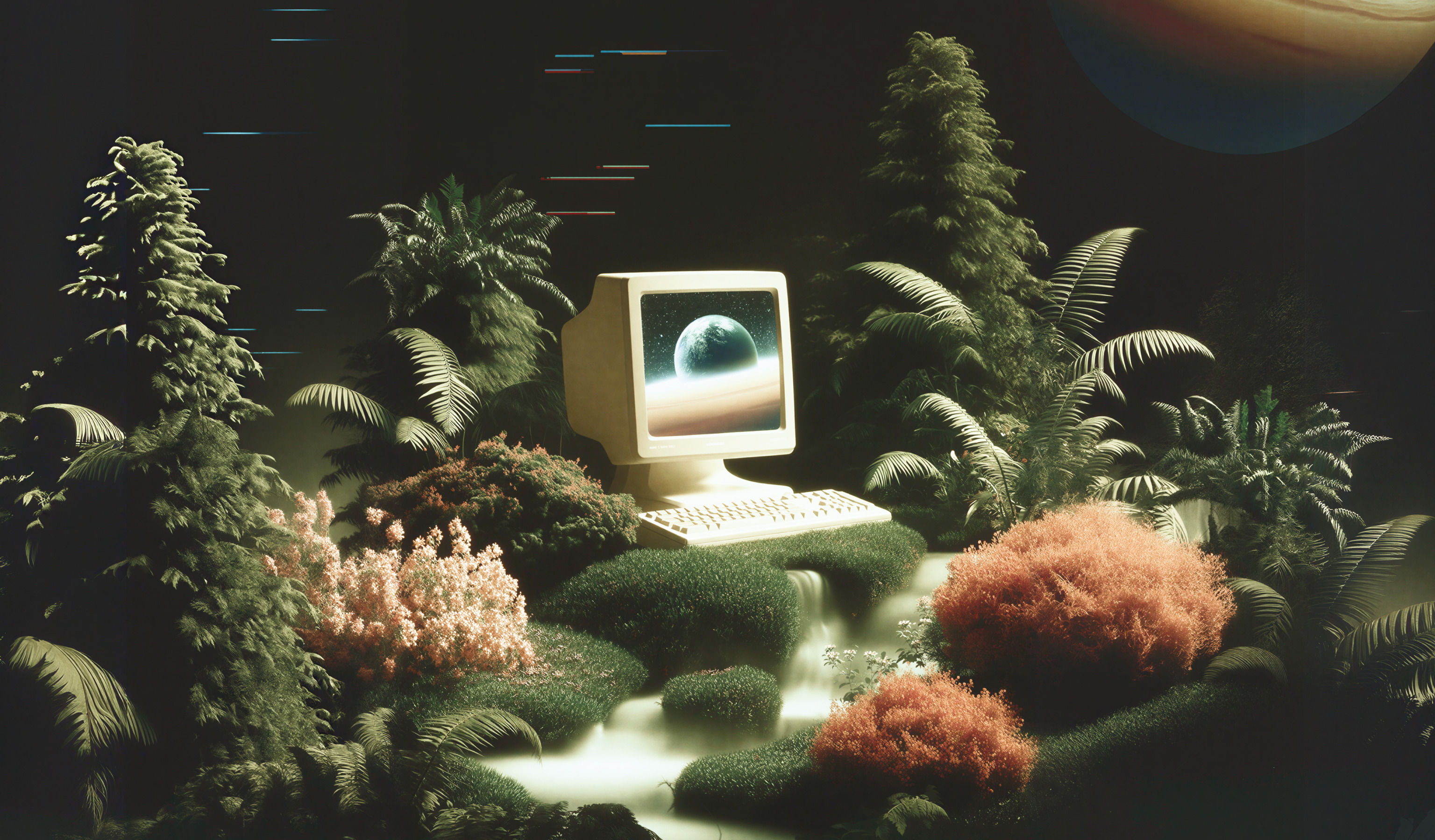 A retro computer surrounded by plants and planets in a surreal landscape.