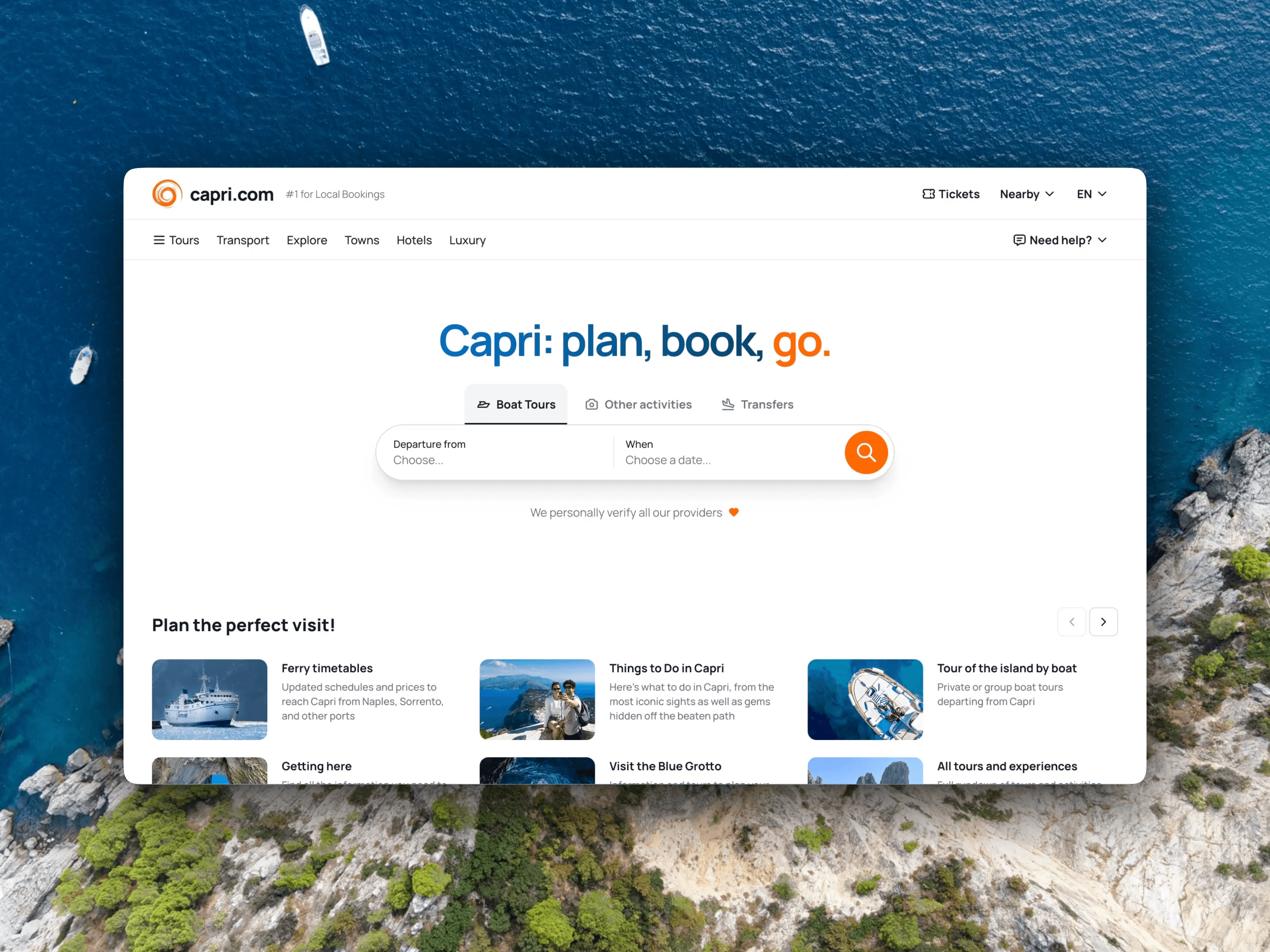Screenshot of the homepage of capri.com featuring the headline 'Capri: plan, book, go.' and a search bar for boat tours, activities, and transfers, over a background of Capri’s coastline and sea.