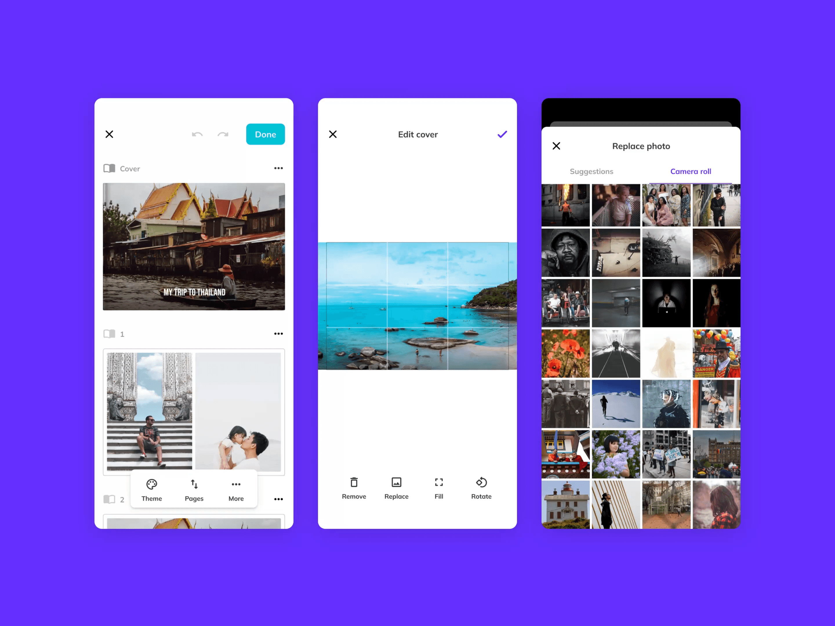Screens of the Pastbook app showing the creation of a photo album based on the user's photos.