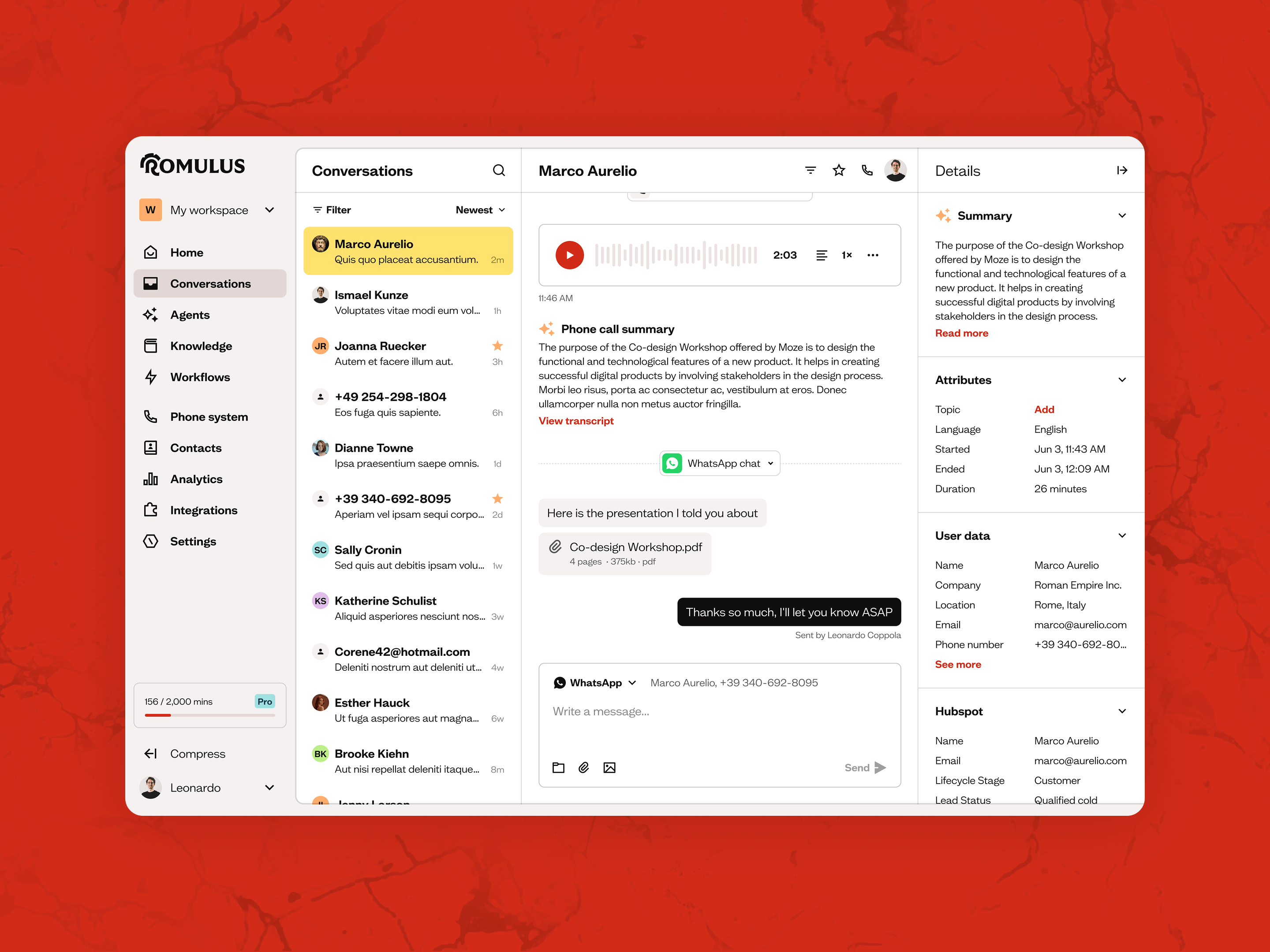 Romulus interface showing conversation list, open chat, and contact details